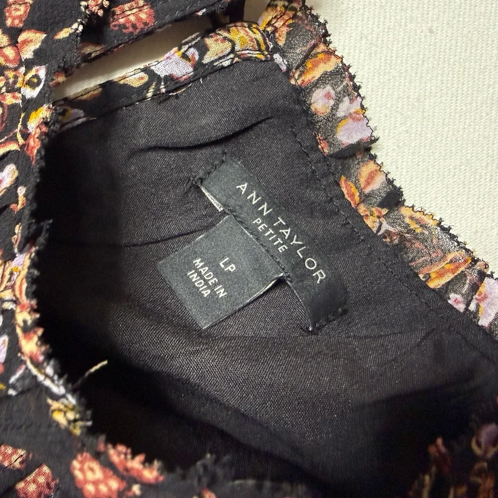 Ann Taylor Black Floral Long Sleeve Dress Boho Cottagecore Size Large Petite - Picture 7 of 10